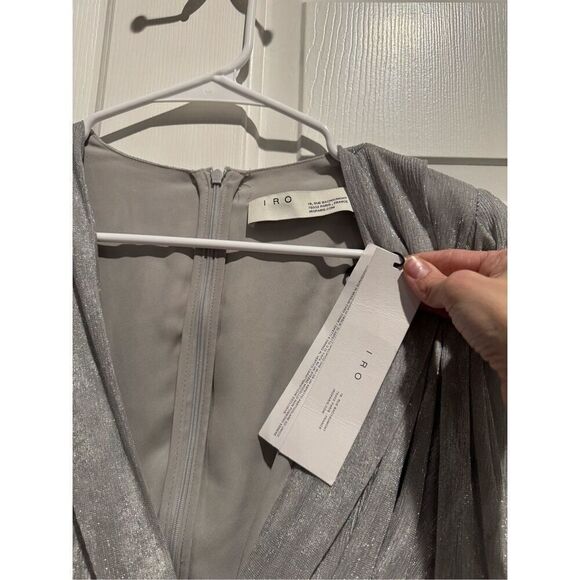 NWT IRO X Revolve Draped Metallic Silver Deep V-Neck Shoulder Pad Mini Dress 6 - Picture 5 of 16